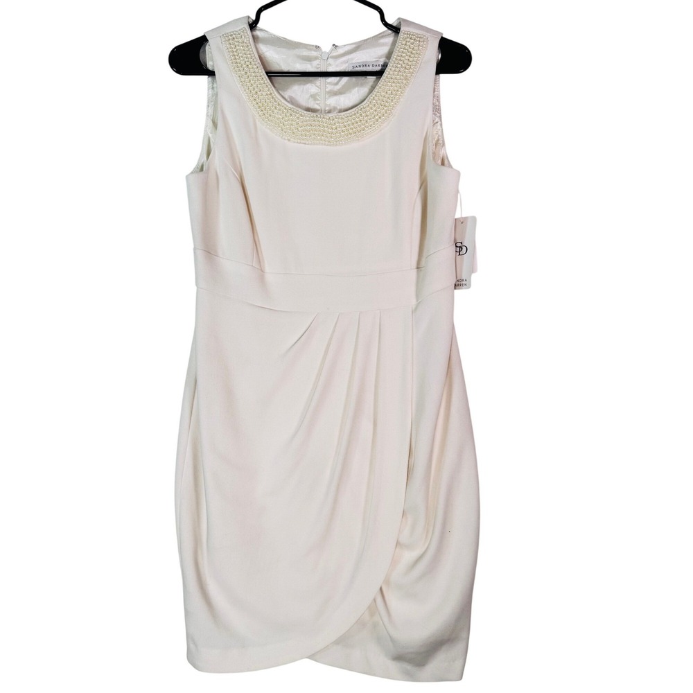 NEW Sandra Darren Cream Pearl Embellished Faux Wrap Sheath Dress Size 6 Office